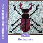 swaggety stag beetle c2c afghan square. part 8 of the beautiful bugs blanket CAL. crocheted purple stag beetle design on a green background